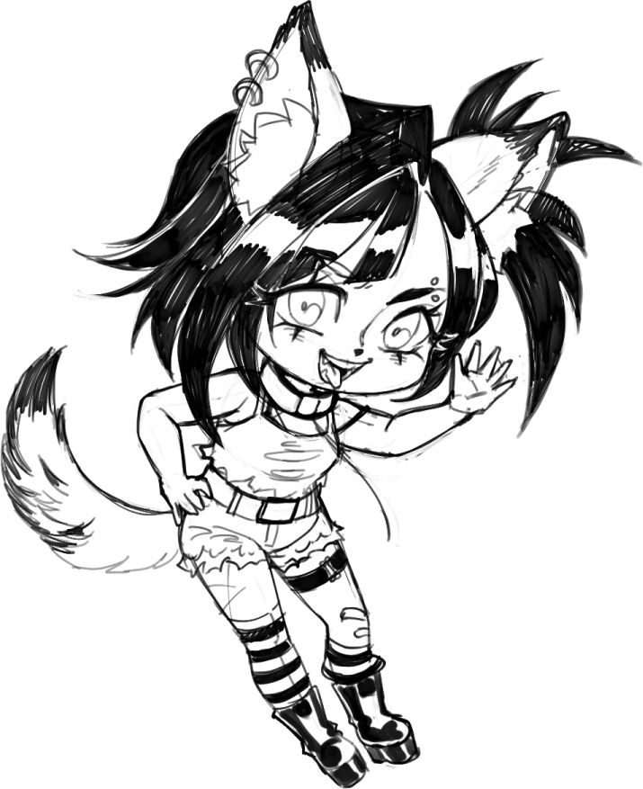 A rough black and white sketch of a chibi character. She is a scrappy, punk wolf girl with dark hair and a cheeky expression.