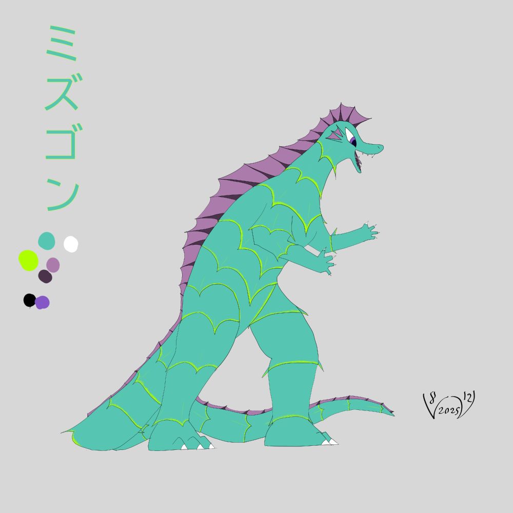 A blue-green kaiju with yellow ridges, and a purple sail on her back.