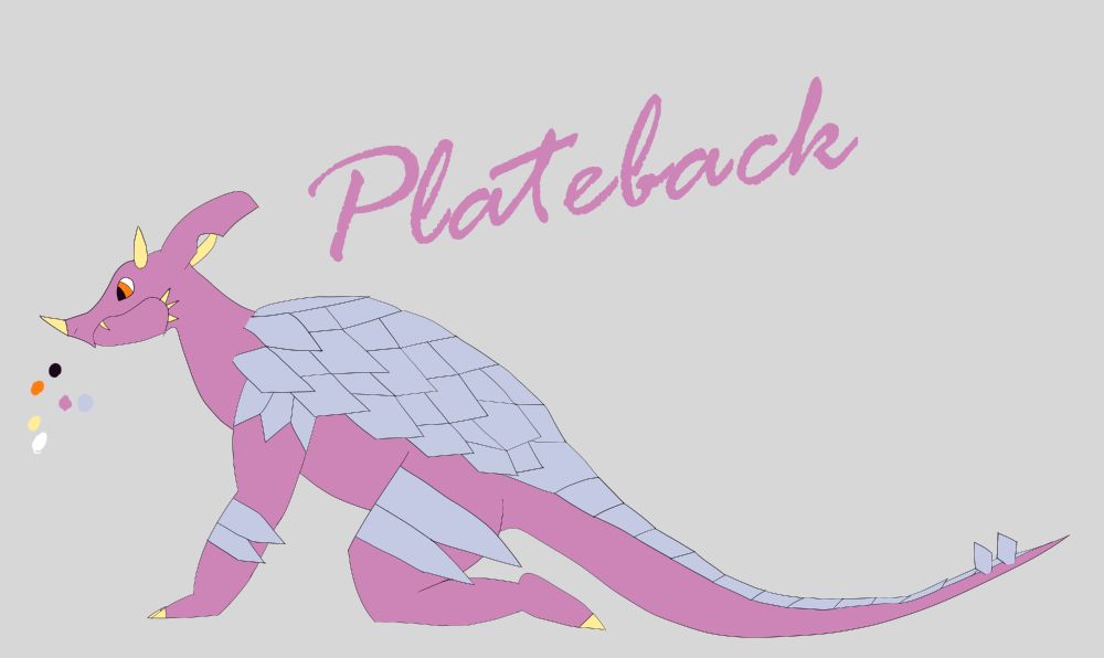 A pink dinosaurlike kaIju on her hands and knees. she has silver plates on her back, forearms, and thighs. plates form a thagomizer on her tail. she has horns on the front, sides, and back of her head, and long ears. she also has bright orange eyes!
