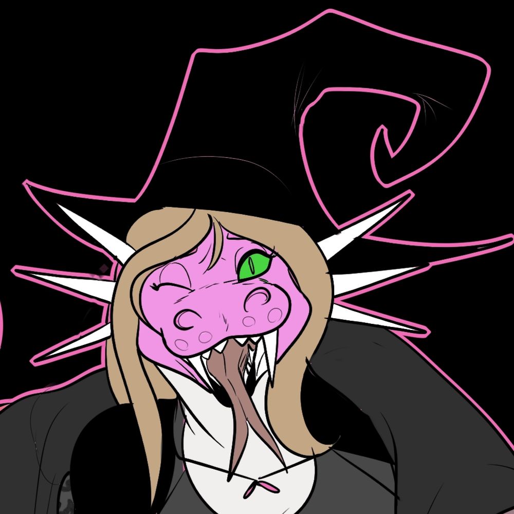 Head shot of Vyxie in a witch's hat. Art by @sterks.bsky.social 