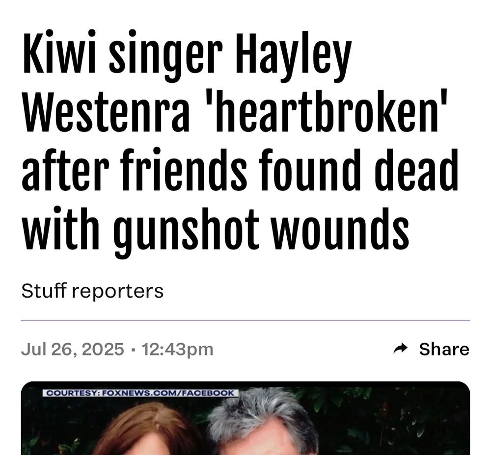 Headline on Stuff New Zealand saying “Kiwi singer Hayley Western heartbroken after friends found dead with gunshot wounds”