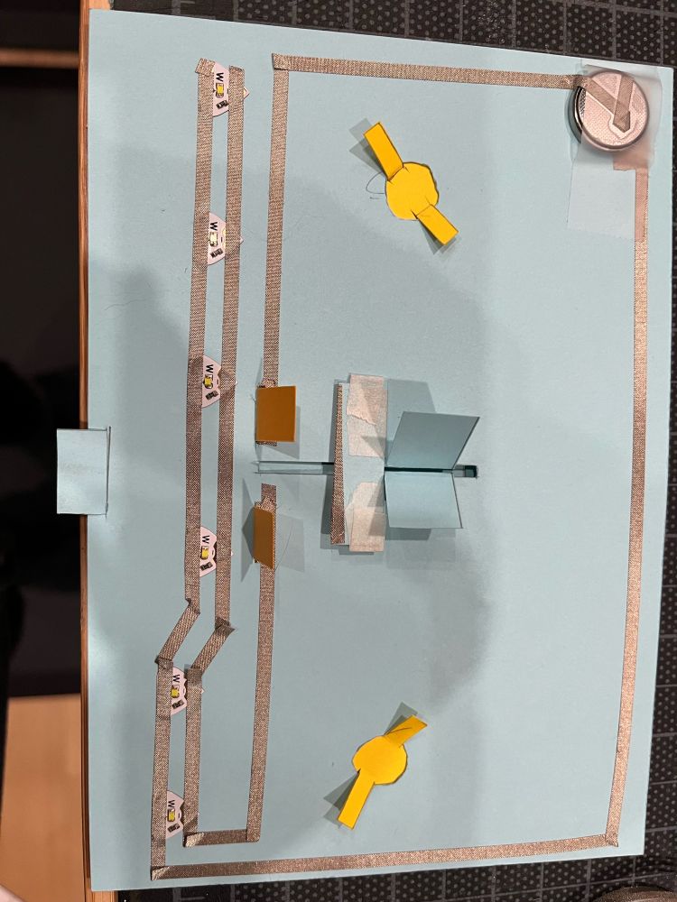 The inside of the light up card showing the circuit.