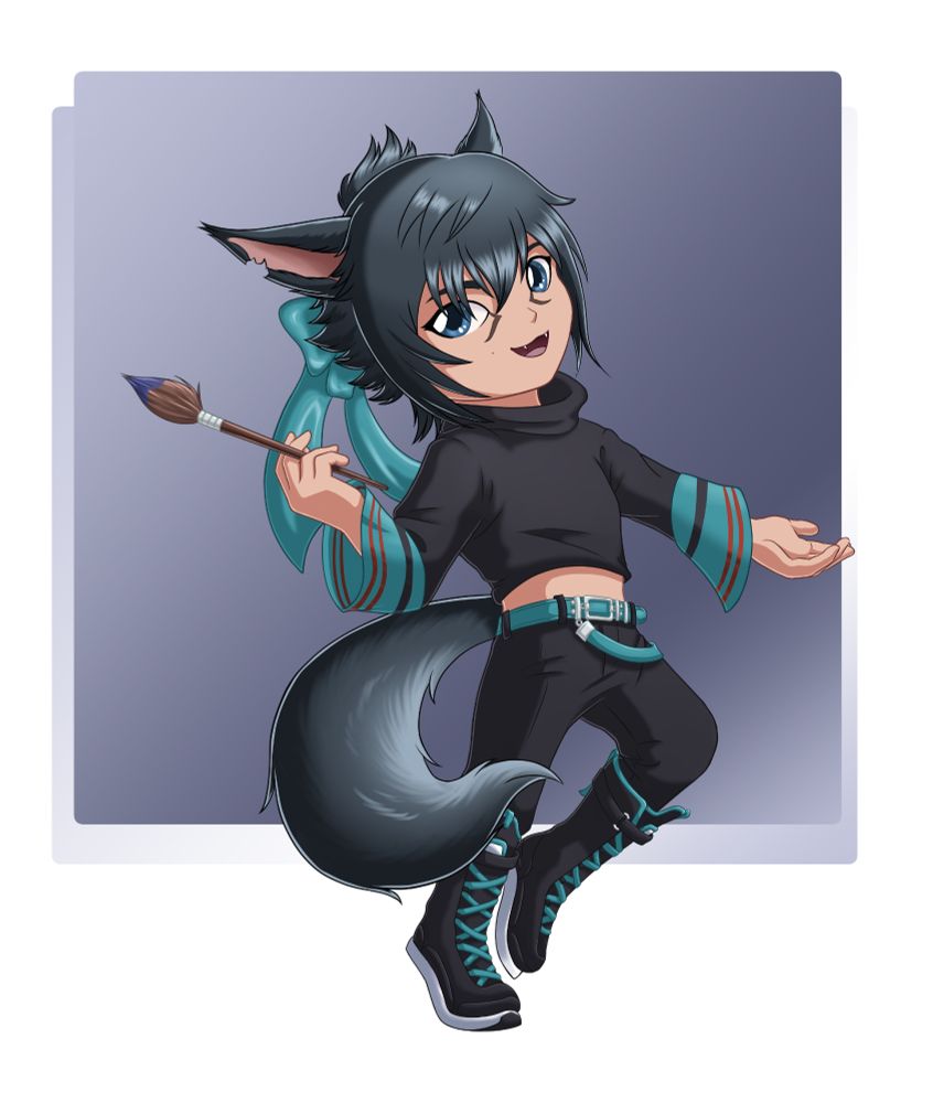 Chibi painting of my WOL holding a paintbrush 