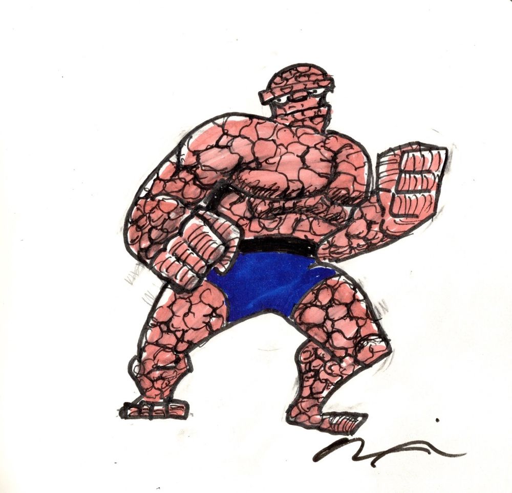 A convention sketch of the Fantastic Four's Thing with his fists clenched, ready to fight