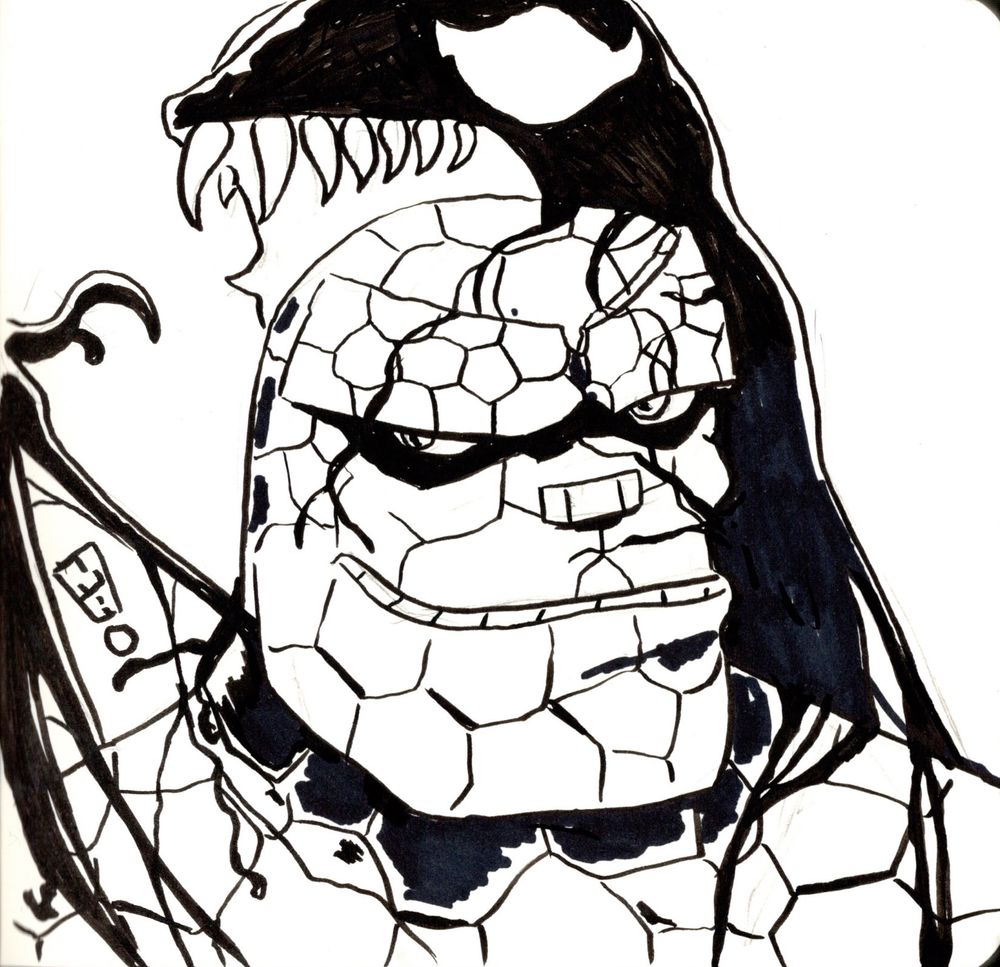 A convention sketch of the Fantastic Four's Thing grappling with the Venom symbiote 