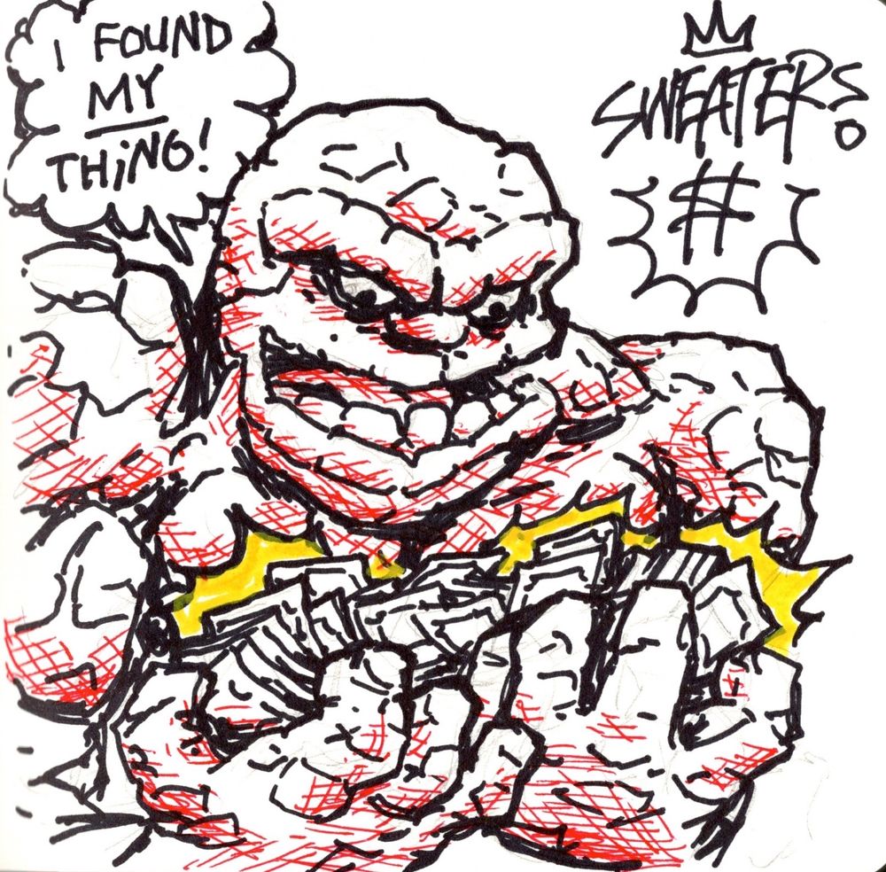 A convention drawing of the Fantastic Four's Thing holding stacks of cash