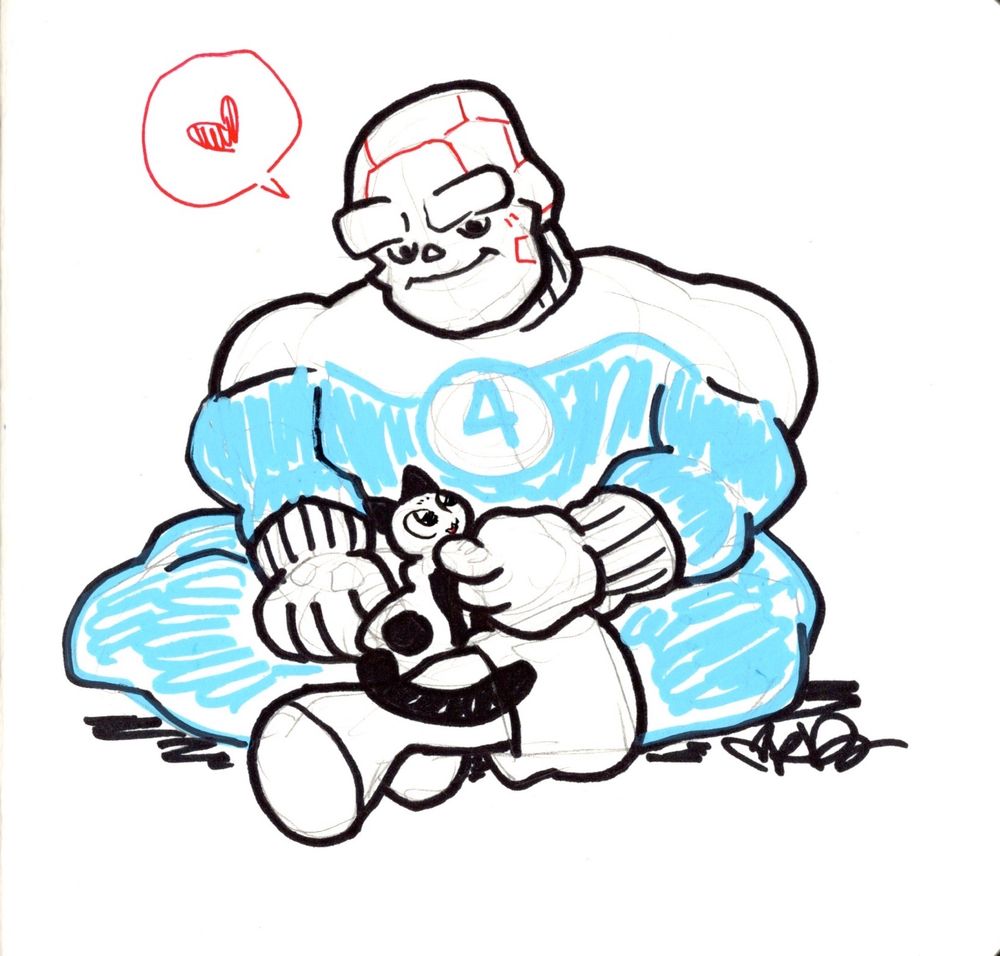 A convention drawing of the Fantastic Four's Thing petting a cat