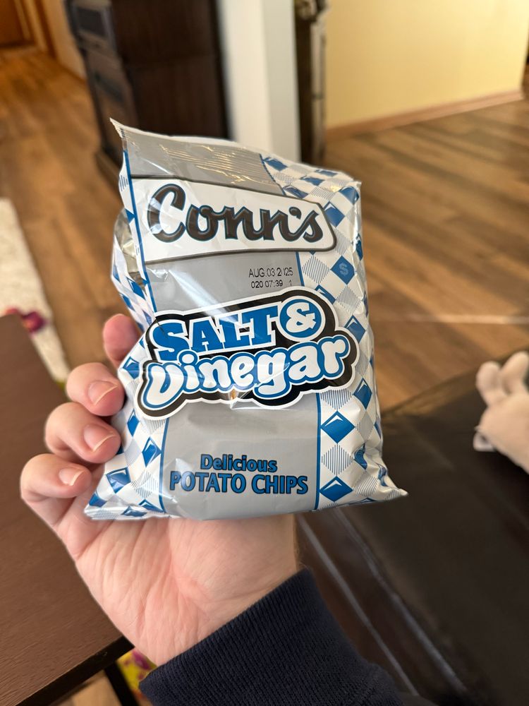 A bag of Conn’s salt and vinegar potato chips. They go HAM.