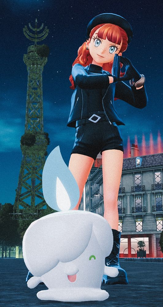 minha personagem no pokémon legends: z-a fazendo uma pose pra foto, com um litwick shiny (um pokémon vela) na frente sorrindo 