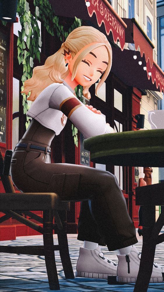 minha personagem no pokémon sentada na mesa de um café na calçada, com os braços cruzados debruçada sobre a mesa e sorrindo pra câmera 