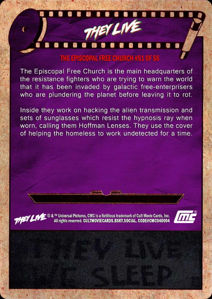 Reverse of Card #S1 of S6, They Live (1988) with trivia and a description of the scene.