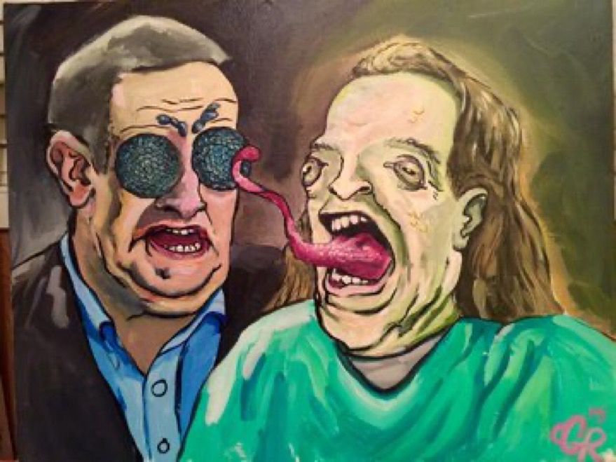 it’s a bad painting of the previous photo, except huck has big bug eyes and davis looks slightly more like a toad