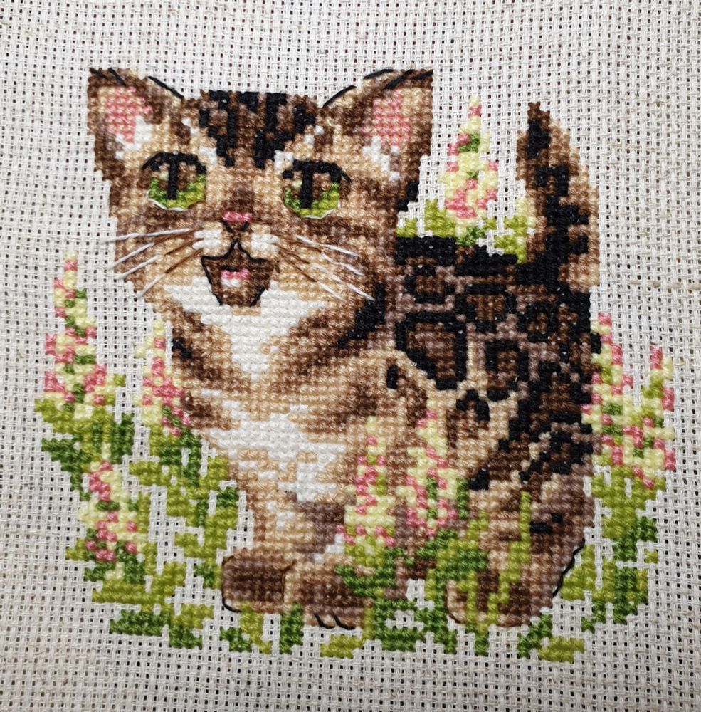 A cross stitch of a kitten