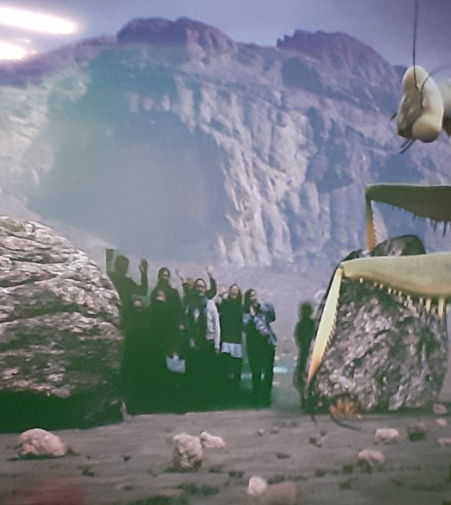 Ein überdimensionales Grashüpfer-Monster attackiert in einer Steinlandlandschaft eine größere Gruppe von audiovisuellen Übersetzer*innen