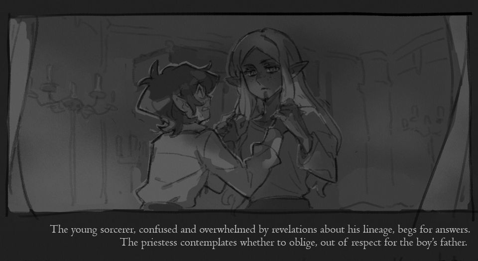 An illustration depicting a scene: "The young sorcerer, confused and overwhelmed by revelations about his lineage, begs for answers. The priestess contemplates whether to oblige, out of respect for the boy’s father. "