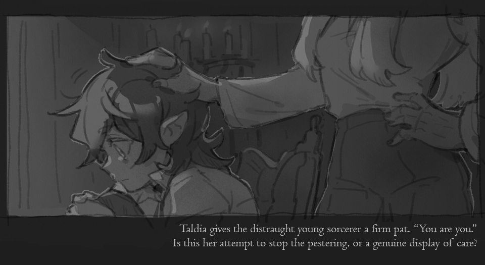 An illustration depicting a scene: "Taldia gives the distraught young sorcerer a firm pat. “You are you.” Is this her attempt to stop the pestering, or a genuine display of care?"
