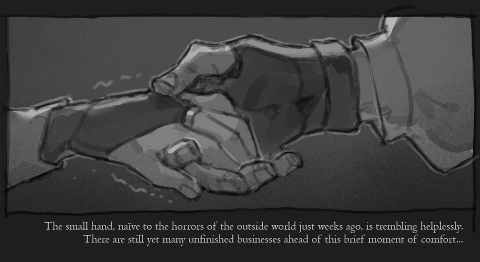 An illustration depicting a scene: "The small hand, naïve to the horrors of the outside world just weeks ago, is trembling helplessly. There are still yet many unfinished businesses ahead of this brief moment of comfort."