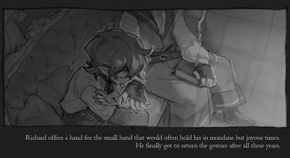 An illustration depicting a scene: "Richard offers a hand for the small hand that would often hold his in mundane but joyous times. He finally got to return the gesture after all these years."