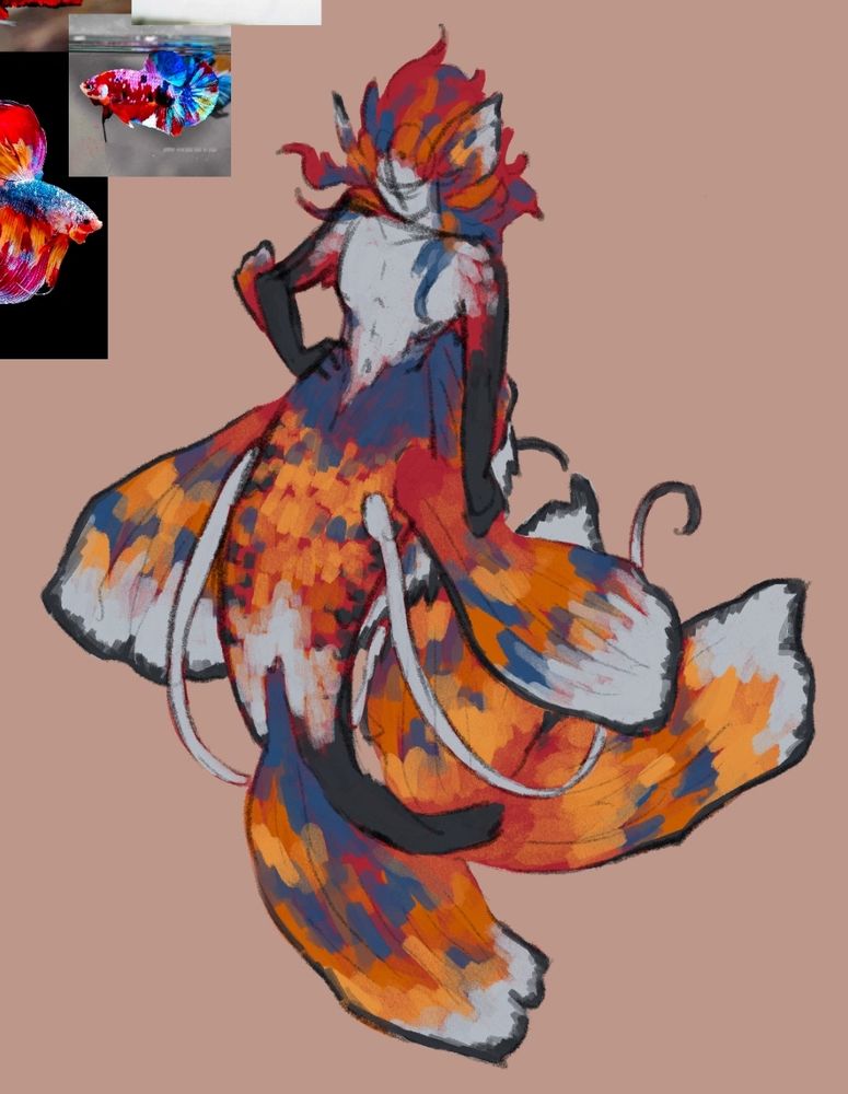 A merfolk based off of a galaxy koi betta fish. Red, orange, yellow, blue, white, and black scales. 