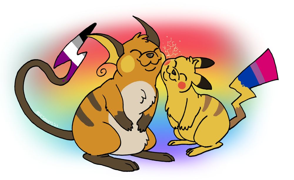 A digital drawing of two Pokemon, Raichu and Pikachu. They are rubbing their cheeks together. The Raichu's tail has the asexual flag painted on it. The Pikachu's tag has the bisexual flag painted on it.
