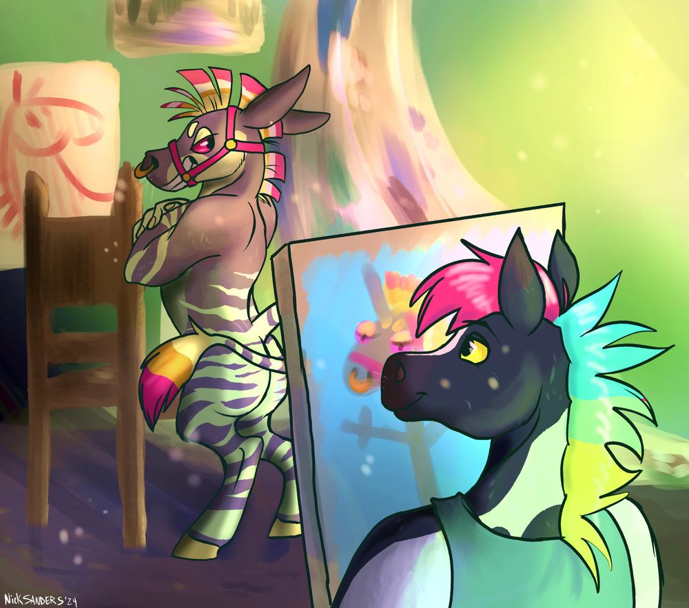 A digital illustration of two anthro equines. One is a zebra donkey who is posing nude with a smirk and his butt facing toward the other equine. The other equine is a black and white paint horse with a rainbow mane and he is painting a portrait of the other equine.