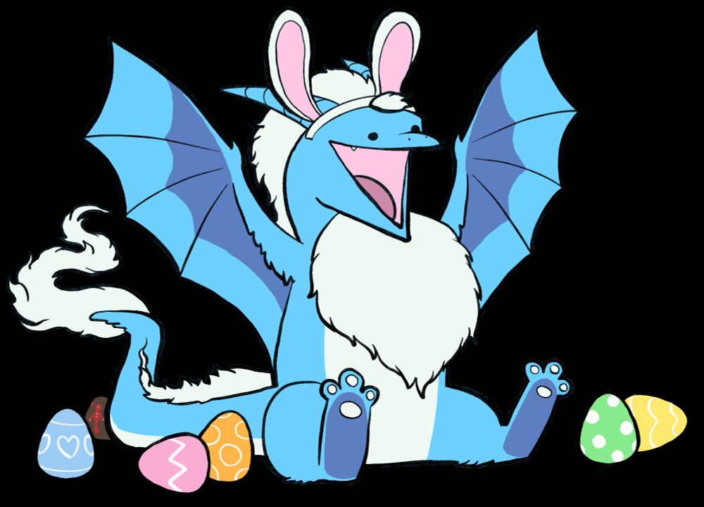 A blue dragon with a white mane called an aether dragon from the online adoptables game, Dragon Cave. It sits happily surrounded by painted easter eggs and wears white bunny ears. It is smiling with glee.