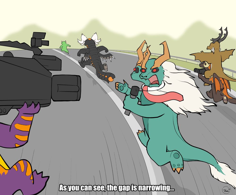 Dragons from dragcave.net. It's a meme of a desipis dragon chasing a mint dragon down a road, with a pitfire, a kohraki, a crypt, and an arcana dragon following behind with reporter cameras and mics. The crypt dragon says "As you can see, the gap is narrowing..."