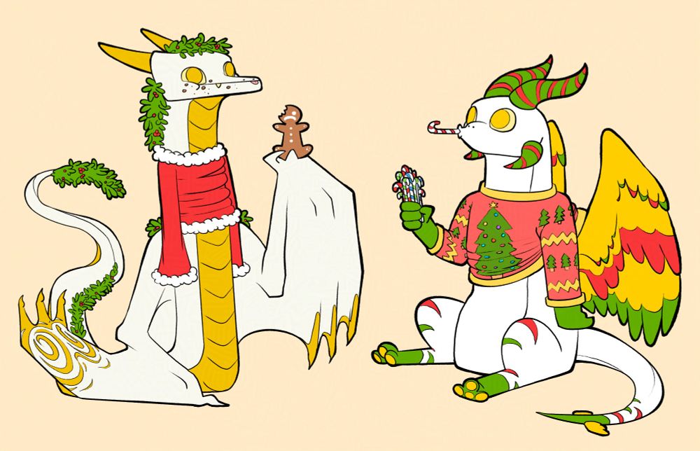 A garland dragon and a snow angel dragon from the online adoptables game, Dragon Cave. The garland dragon is an amphiptere with a gold belly, a spine lined with wreath plants, and wings with gilded decorations. She wears a santa sweater on her neck, since the sweater doesn't fit over the wings. She is chewing on a gingerbread man. The snow angel is a white, western dragon with candy cane horns and gold, yellow, and green feathered wings. She wears an ugly Christmas sweater covered in trees. She is sucking on a candy cane.