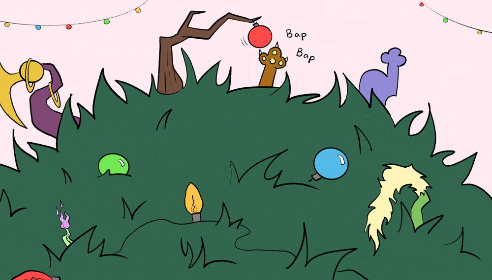A scene of four dragons from the online adoptables game, Dragon Cave, part 4 of 4 images. The quantari, magelight pygmy, astralophyne, and equinox are stuck inside a pile of Christmas tree branches and rubble. The pillow dragon paw is sticking out and swatting playfully at an ornament.