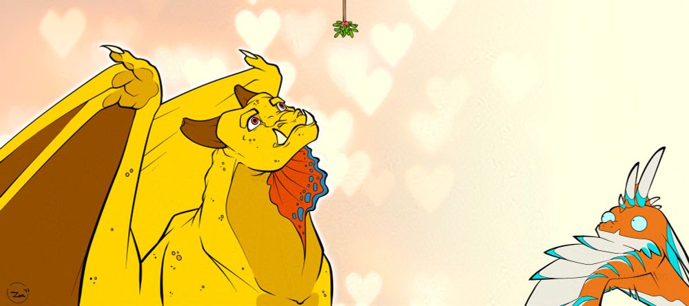 It's a flat colored image of a brimstone dragon and a cantomaris dragon from the online adoptables game, Dragon Cave. The brimstone is a big and relatively ugly-looking yellow dragon. It looks hopefully up at some mistletoe while the orange cantomari stares with great concern, choosing to stay away from the area underneath the mistletoe.