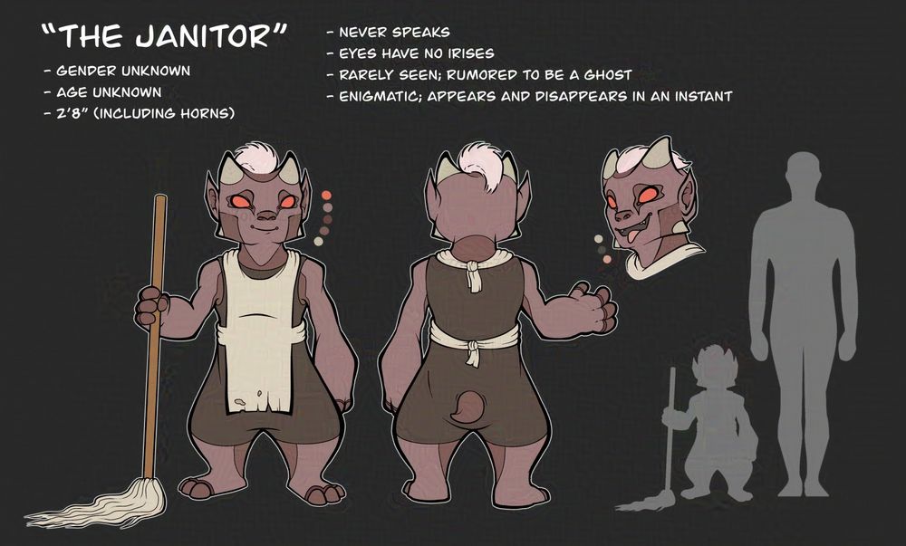 Reference sheet for a small, imp-like creature with desaturated, red skin, small horns, and red eyes. It wears a black romper and a white, tattered apron. It smiles and holds a mop in its hand. The text at the top reads: The Janitor. Gender unknown. Two foot eight inches, including horns. Never speaks. Eyes have no irises. Rarely seen; rumored to be a ghost. Enigmatic; appears and disappears in an instant.