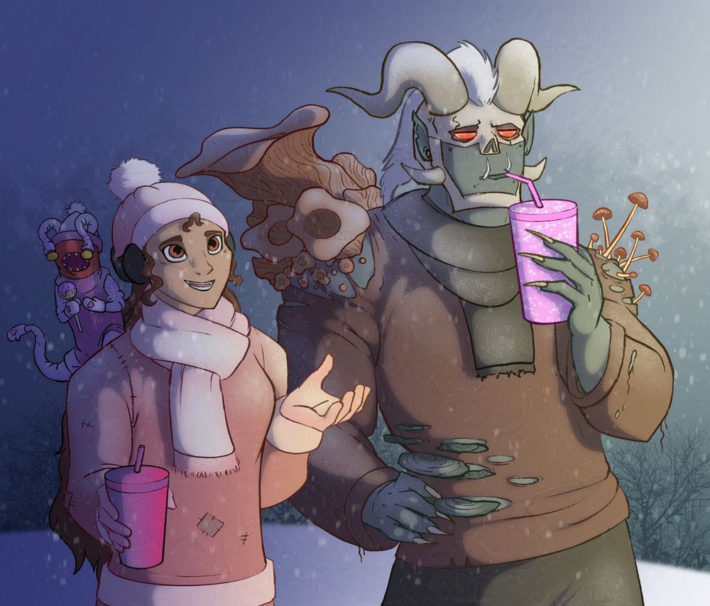 A fully shaded image of three original characters: Slug, Amira, and Sarkotar. They stand outside at night in the snow, illuminated by a warm light. Amira and Sarkotar are holding starbucks cups. Slug is a cat-sized, red slug with four limbs and a lamprey mouth, wearing tiny pink winter clothes and holding a cake pop. He sits on Amira's shoulder. Amira is a female elf with brown hair and red colored eyes. Sarkotar is a zombie with glowing red eyes, ram-like horns, and mushrooms growing on his shoulders.