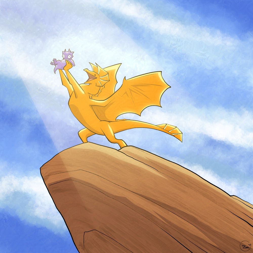 It's a funny image of a magi dragon, a glowing orange dragon from Dragon Cave, holding up a baby guardian of nature dragon. The magi is orange and shiny, holding up the tiny purple hatchling like Rafiki holding Simba in the Lion King.