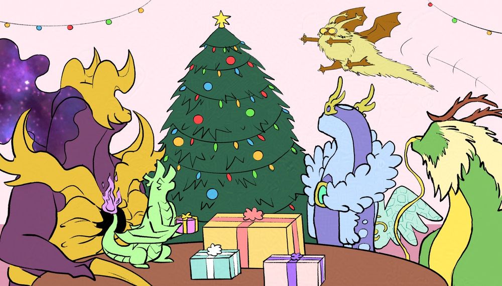 A scene of four dragons from the online adoptables game, Dragon Cave, part 2 of 4 images. A quantari, magelight pygmy, astralophyne, and equinox turn their heads to look at a pillow dragon flying through the air, about to pounce on the Christmas tree in the background.