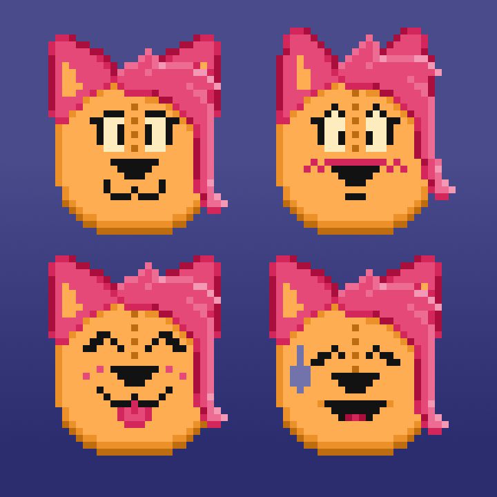 Four pictures of Moxie's face, at 32x32 pixels each.