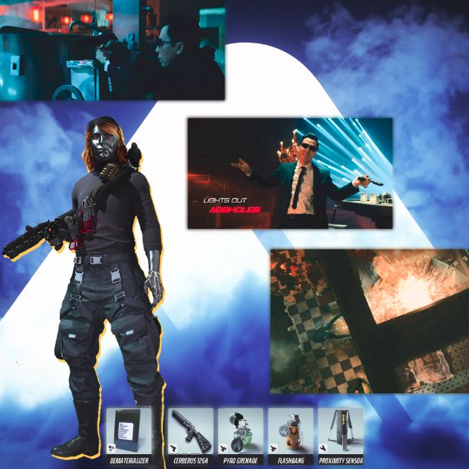 An image showing a build from The Finals: Dematerializer, Cerberus 12GA, Pyro Grenade, Flashbang and Proximity Sensor. In the background are images from the John Wick series that correspond to the items. 