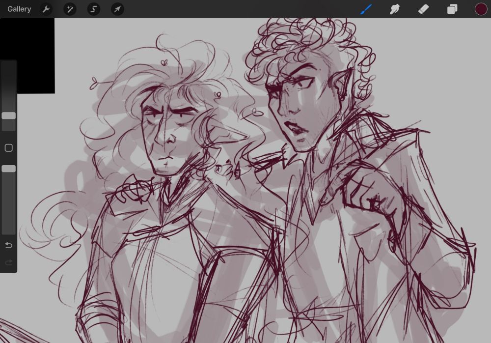An unfinished sketch of Echo and Emerald from the Secret Hearth Podcast. 
Echo is a dishevelled elven woman, looking thoroughly pissed off as Emerald, a taller man, with a curly mowhawk, points over her shoulder and is commenting on something.