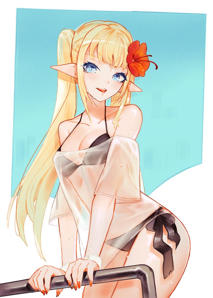 illustration of a blonde girl in a bikini with an oversized wet t shirt (amelia from mahou arms)