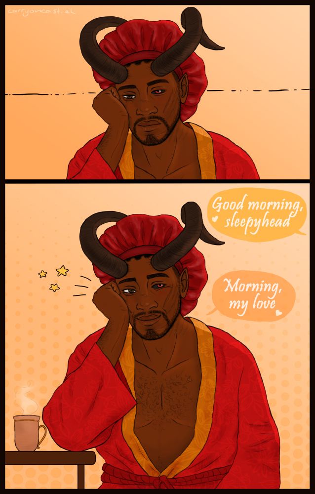 Digital illustration of Wyll Ravengard from Baldur's Gate 3 arranged in two panels. In the top panel Wyll is resting his head on his hand and wears a bonnet and a robe. He looks sleepily into the distance.
In the bottom panel he suddenly looks enamored at someone off-screen. A yellow speech bubble coming from off-screen reads: "Good morning, sleepyhead", with a little heart. The orange speech bubble coming from Wyll reads: "Morning, my love", also with a little heart. The colors are warm red and yellow tones.