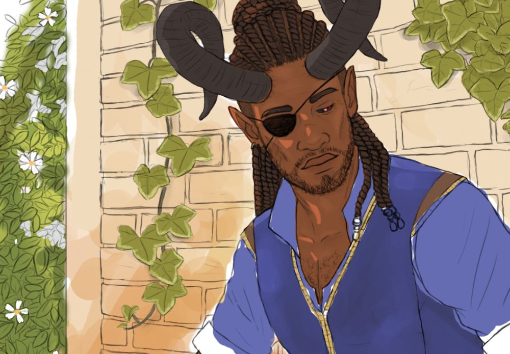 Section of a digital illustration showing Wyll Ravengard in front of a brick wall. There's some ivy and a blooming bush to the left.