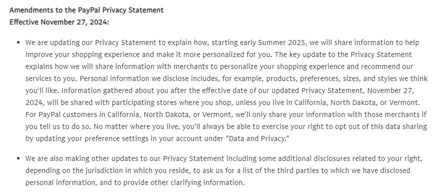 Screenshot of PayPal's Terms of Service update, outlining their "personalized shopping" feature where they allow themselves the right to give info about you to other companies