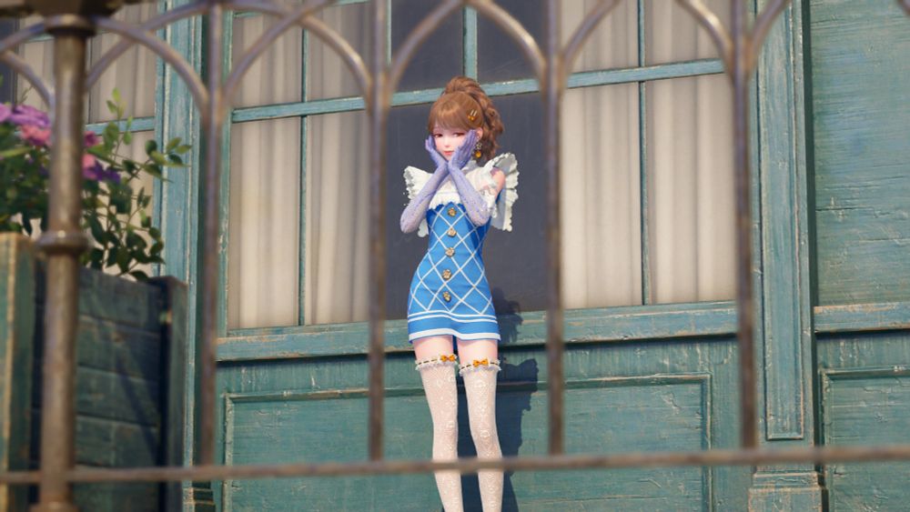 Nikki from Infinity Nikki posing for a photo in front of a storefront in a blue dress with white thigh highs with orange accents