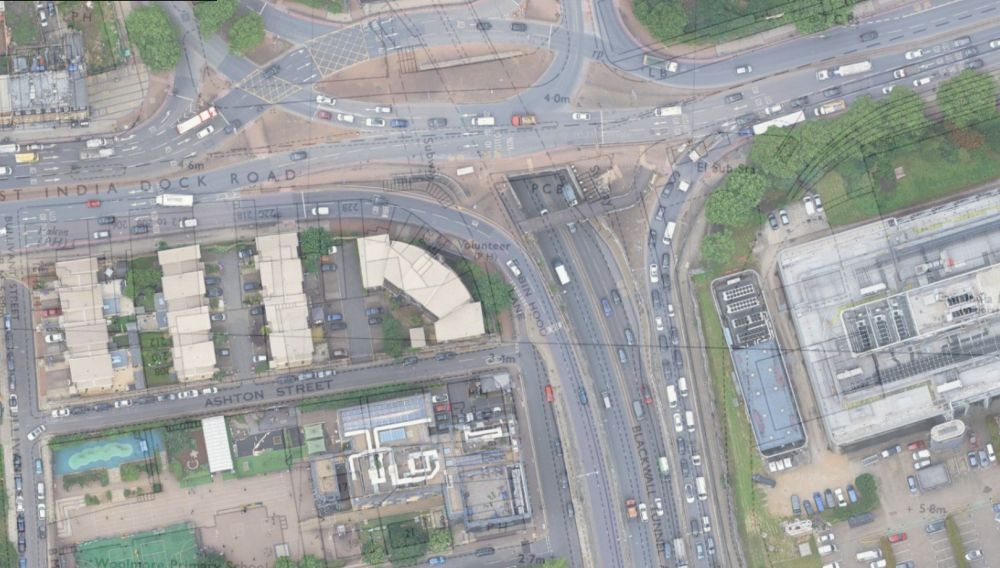 A satellite overlay over an old Ordnance Survey map, with PCB marking the police box location.