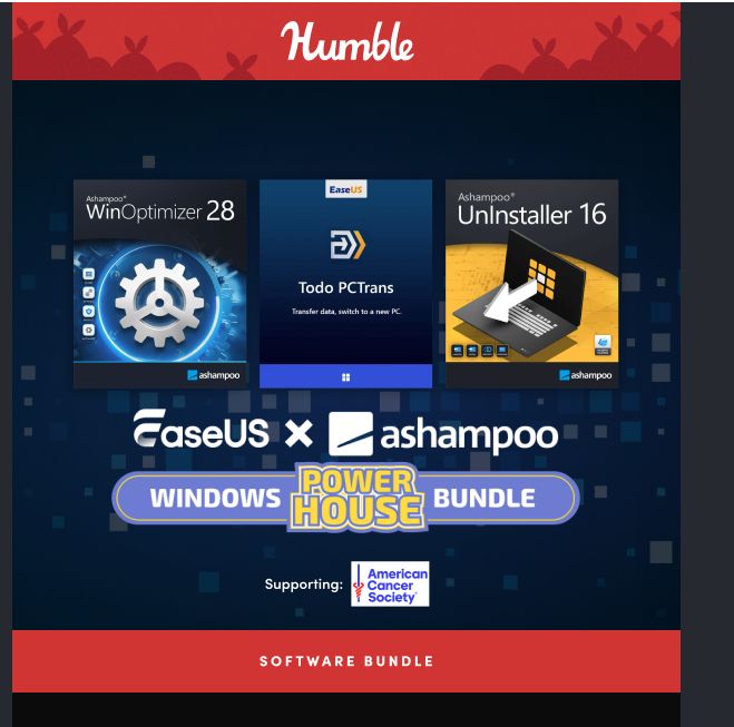 screenshot of a humble bundle email for boring pc admin software
