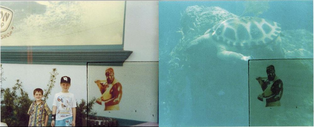 hulk hogan superimposed on photo of two kids standing outside of Ron Jon Surf Shop, and again in front of a sea turtle in an aquarium 