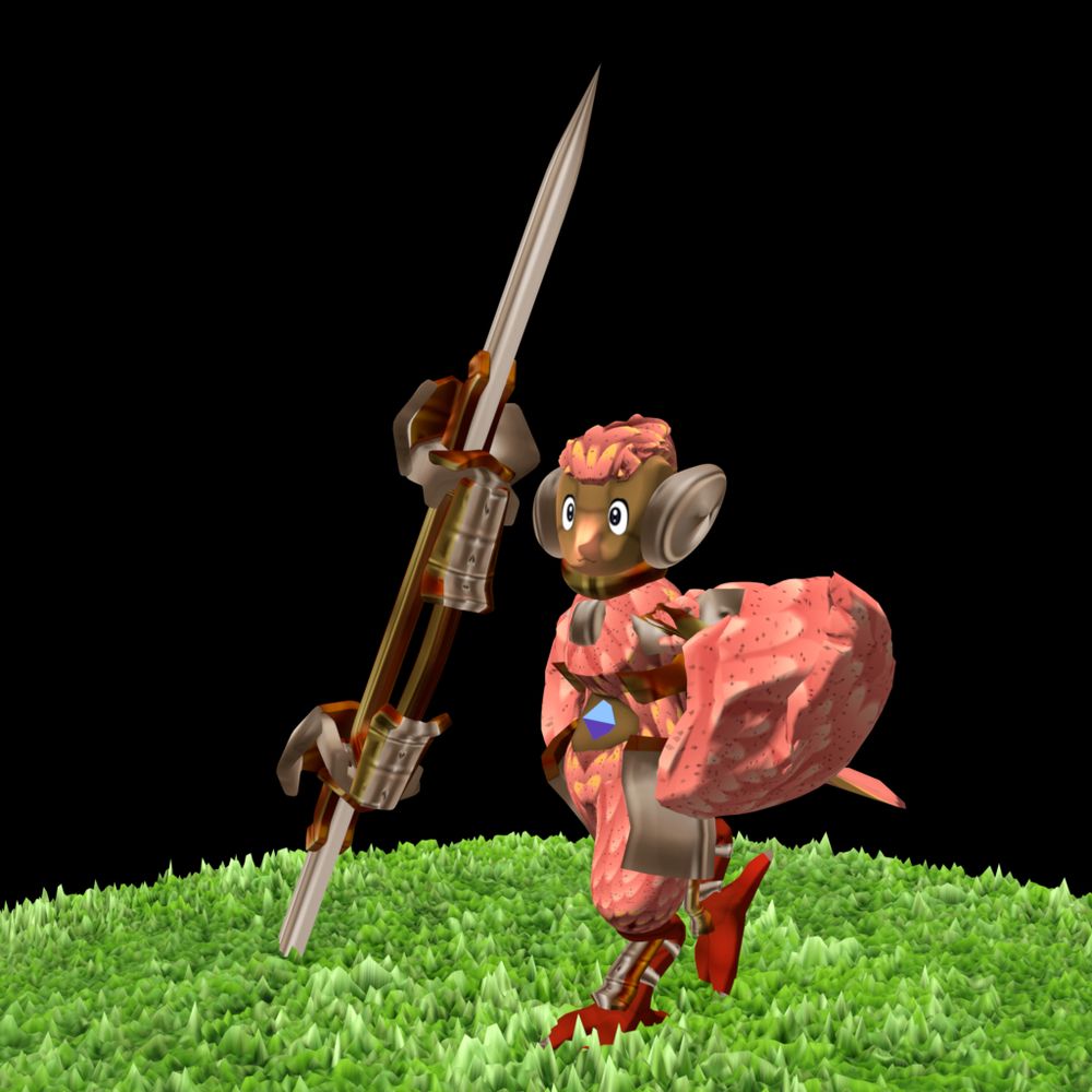 The Harpy Swordnik as seen from the front. She holds a blue diamond in her navel and greaves on her legs. Her double sided sword also has some shielding.