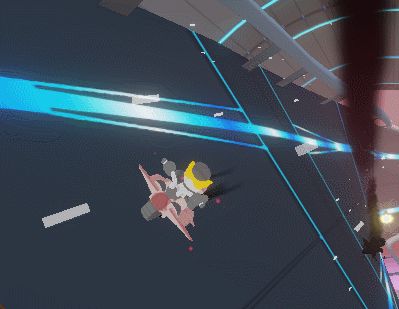 A robot dude in yellow shades riding on a monowheel with like 3 rockets attached to it drifts around a corner chased by 3 shades of himself trailing dark smoke.