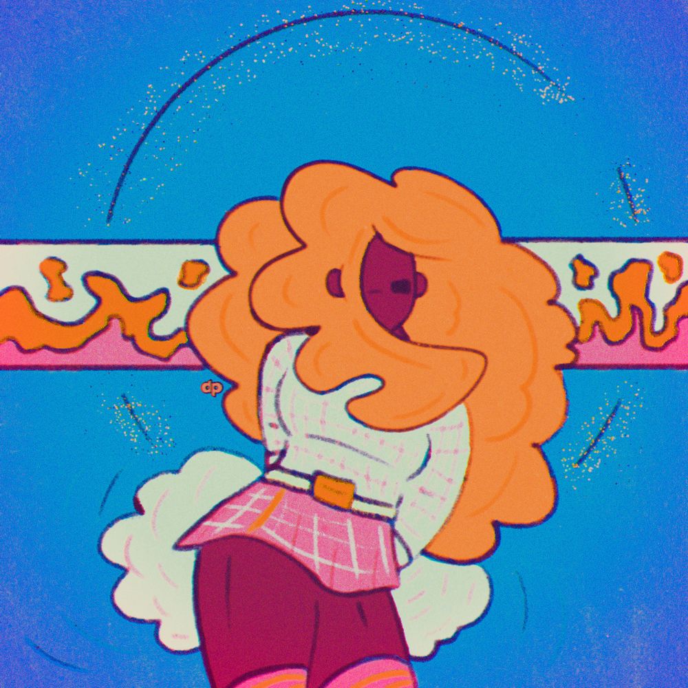 a softly glitched piece by dp. a brown girl with bushy blonde hair. she wears football makeup & a cheerleading outfit - complete with white & pink pom poms. her sweater is white & checkered while her skirt is pink & white. behind her, a banner of pink tinged flames. her broken dark halo is speckled with black & gold speckles. the sky is a light blue, fading to deeper hues.