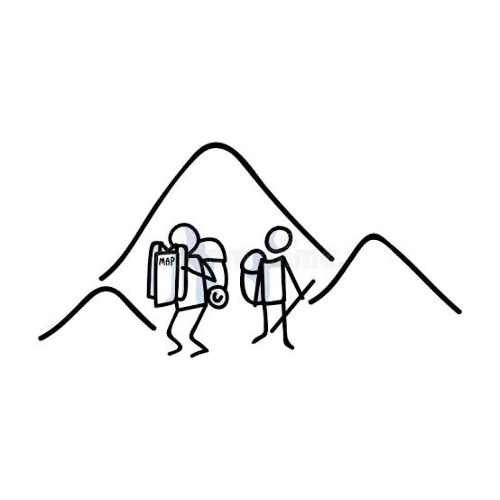 Black and white stick people wearing backpacks. One reading a map. Mountains in background. 