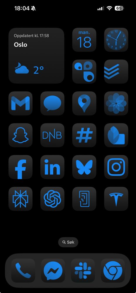 Skjermbilde fra iphone, med kun blå ikoner
